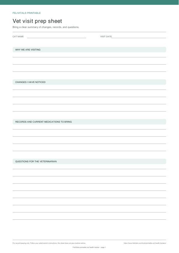 Preview of the printable vet visit preparation sheet