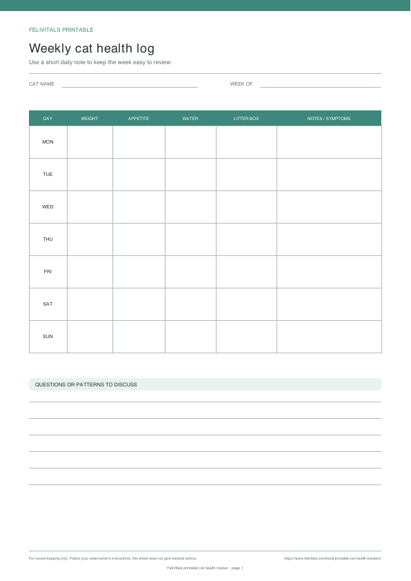 Preview of the printable weekly cat health log